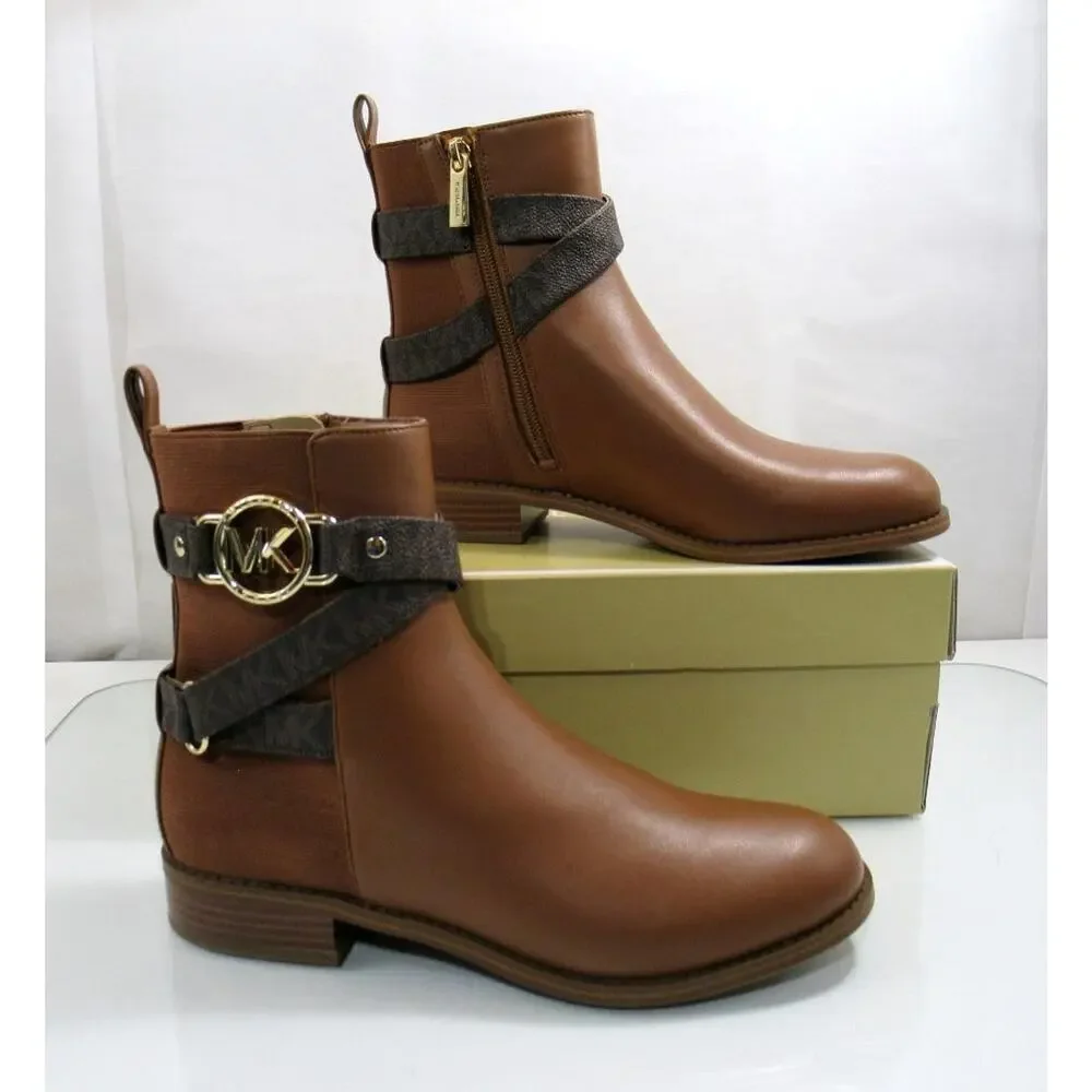 Michael Kors Rory Flat Bootie Ankle Boots MK Logo Hardware Luggage Size 8